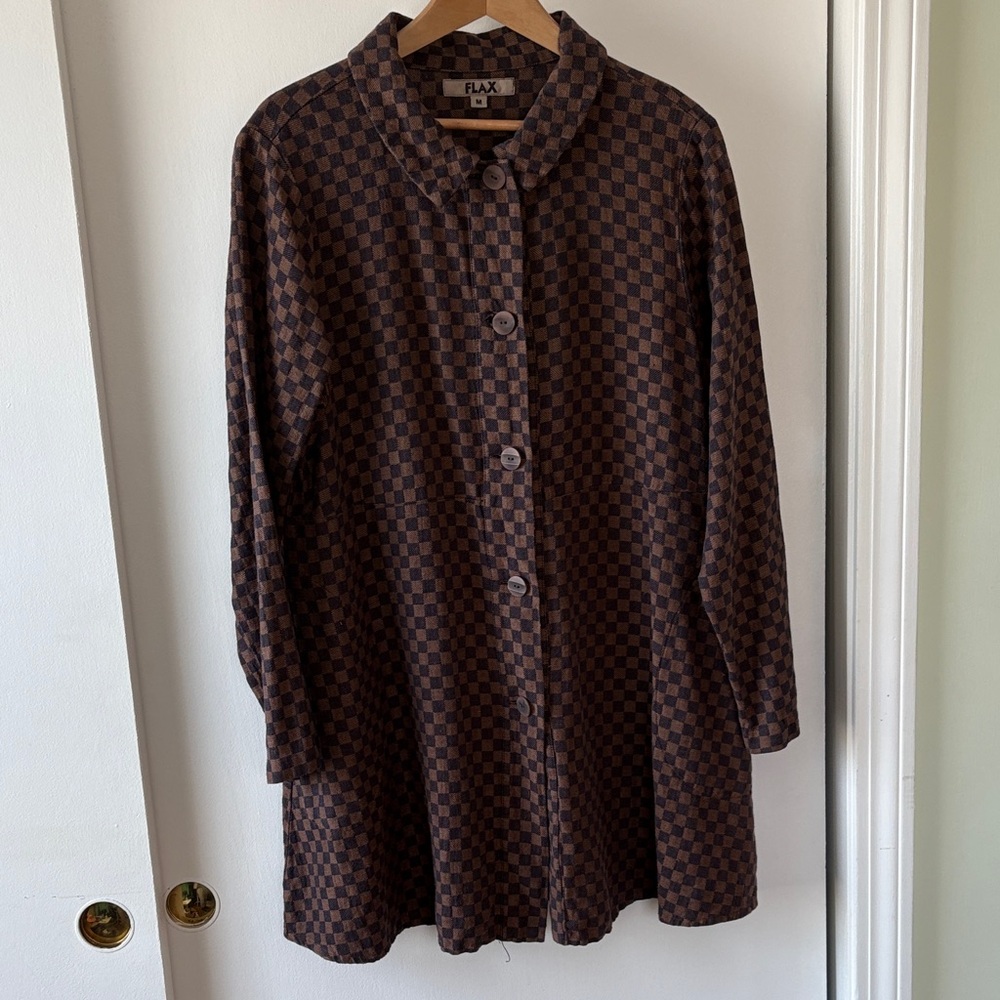 Flax Linen Check Pattern Button Front Long Jacket… - image 1